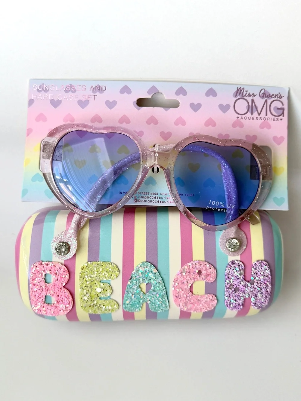 NWT OMG Accessories Kids’ Heart Sunglasses w/ Striped “BEACH” Hard Case